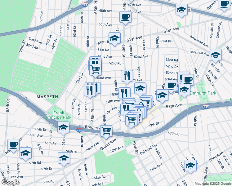 map of restaurants, bars, coffee shops, grocery stores, and more near 67-4 53rd Drive in Queens