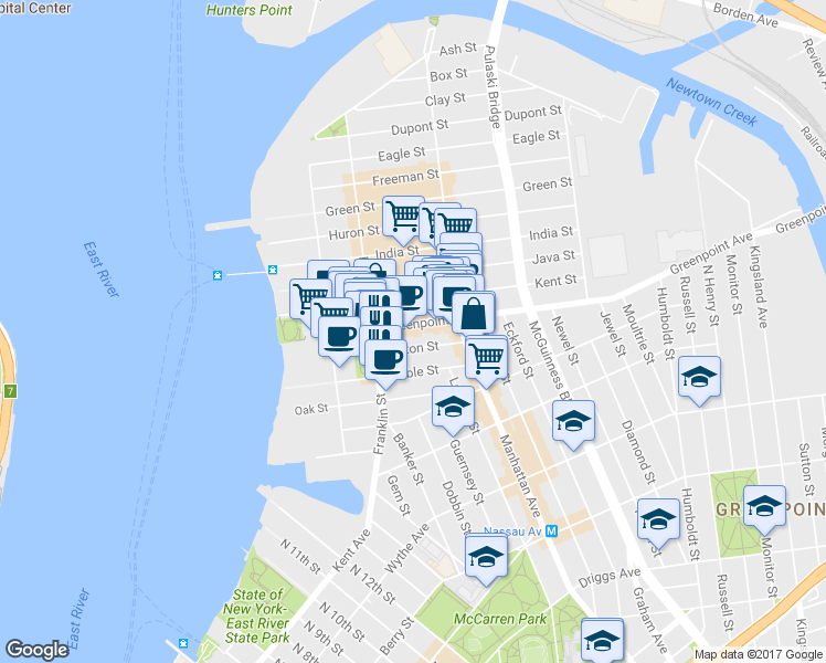map of restaurants, bars, coffee shops, grocery stores, and more near 121 Milton Street in Brooklyn