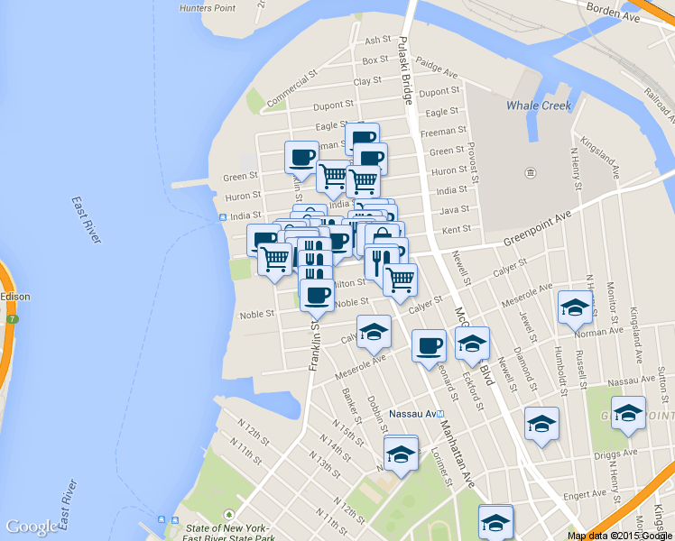 map of restaurants, bars, coffee shops, grocery stores, and more near 121 Milton Street in Brooklyn
