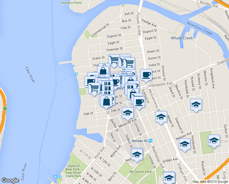 map of restaurants, bars, coffee shops, grocery stores, and more near 121 Milton Street in Brooklyn