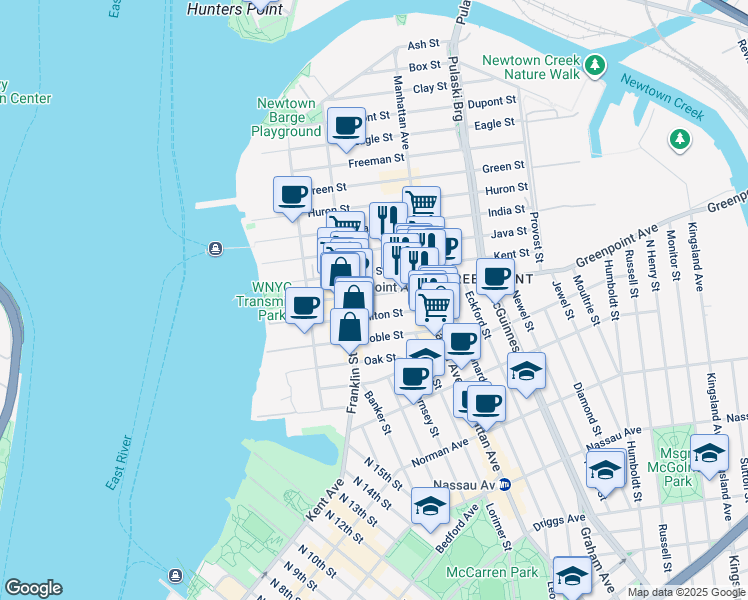map of restaurants, bars, coffee shops, grocery stores, and more near 121 Milton Street in Brooklyn
