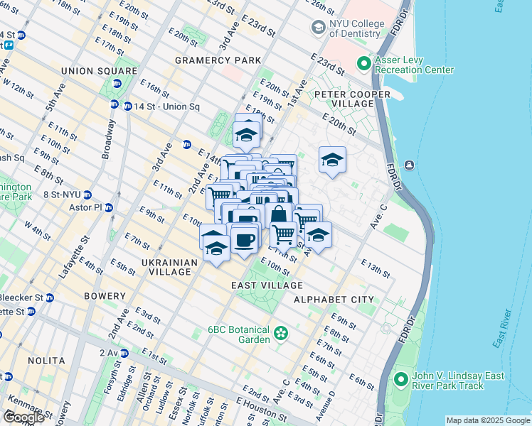 map of restaurants, bars, coffee shops, grocery stores, and more near 201 Avenue A in New York