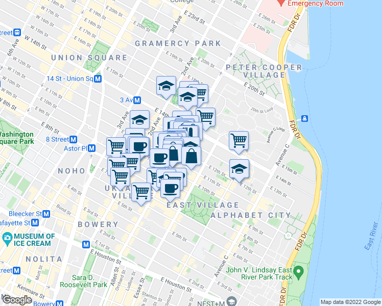 map of restaurants, bars, coffee shops, grocery stores, and more near 200 1st Avenue in New York