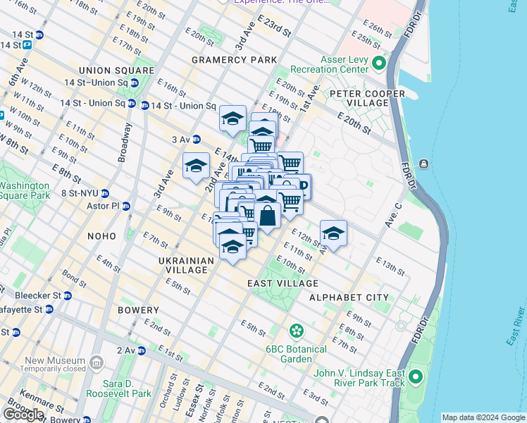 map of restaurants, bars, coffee shops, grocery stores, and more near 200 1st Avenue in New York