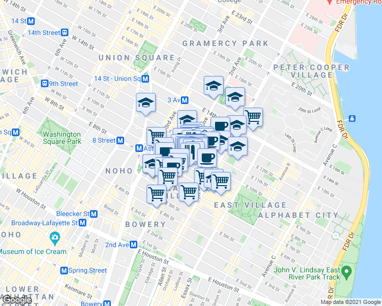 map of restaurants, bars, coffee shops, grocery stores, and more near 213 East 10th Street in New York