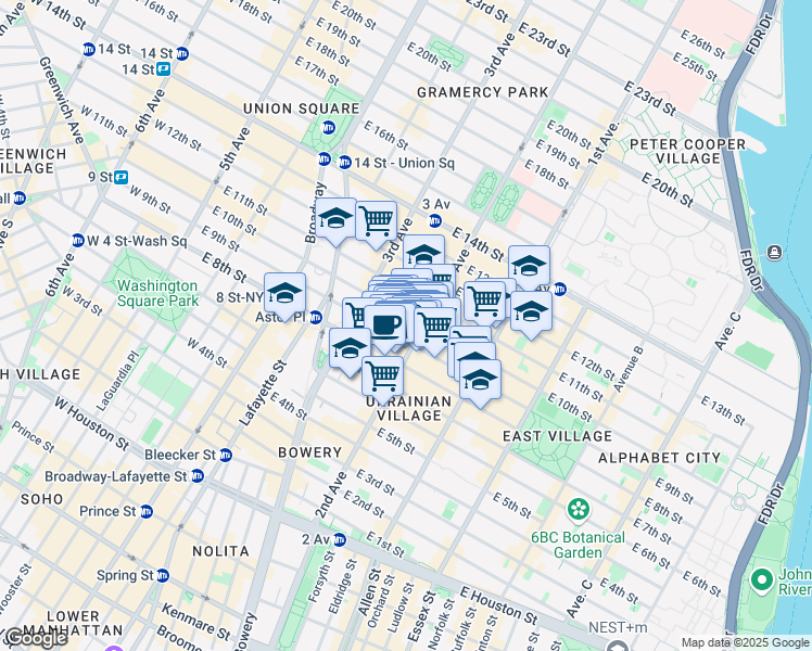 map of restaurants, bars, coffee shops, grocery stores, and more near 149 2nd Avenue in New York