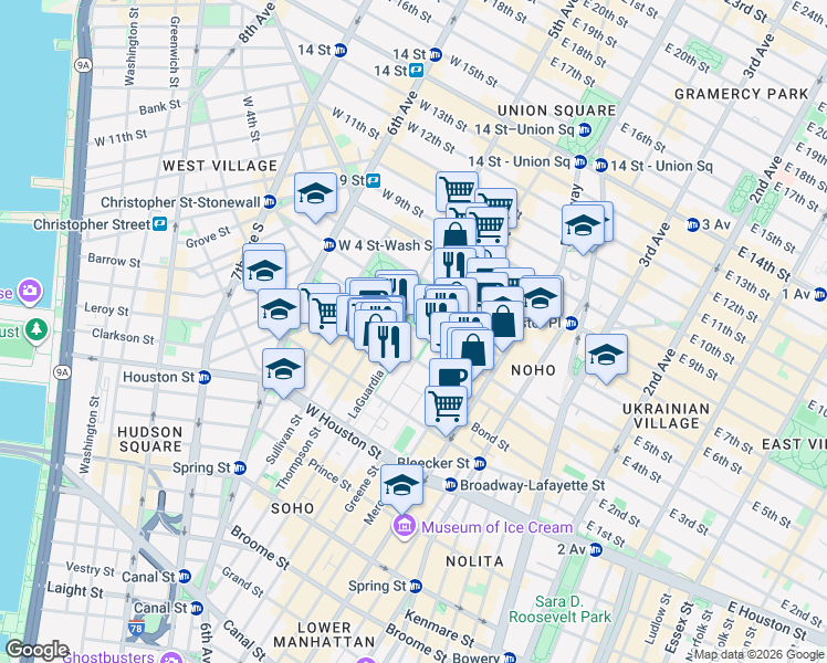 map of restaurants, bars, coffee shops, grocery stores, and more near 44 W 4th Street in New York