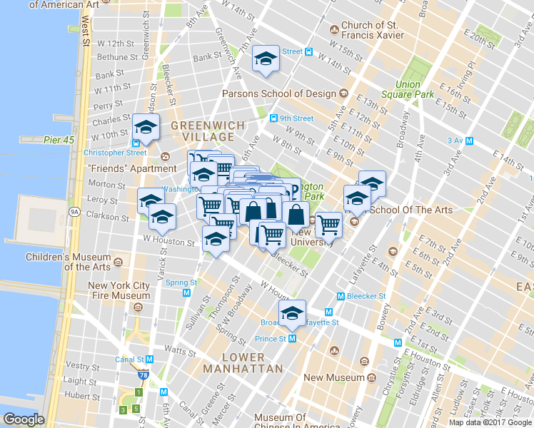 map of restaurants, bars, coffee shops, grocery stores, and more near 165 Bleecker Street in New York