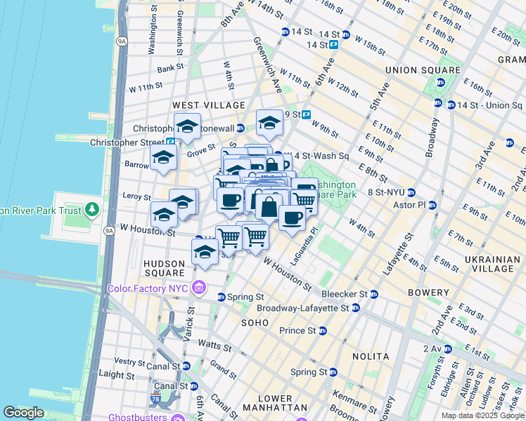 map of restaurants, bars, coffee shops, grocery stores, and more near 190 Bleecker Street in New York