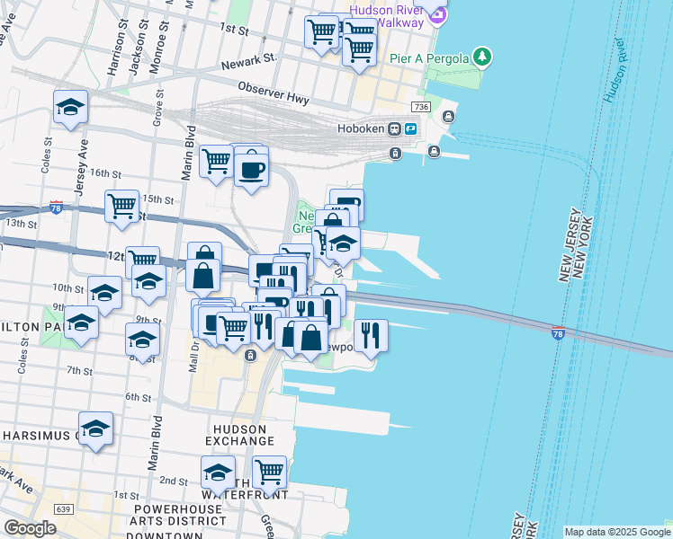 map of restaurants, bars, coffee shops, grocery stores, and more near in Jersey City