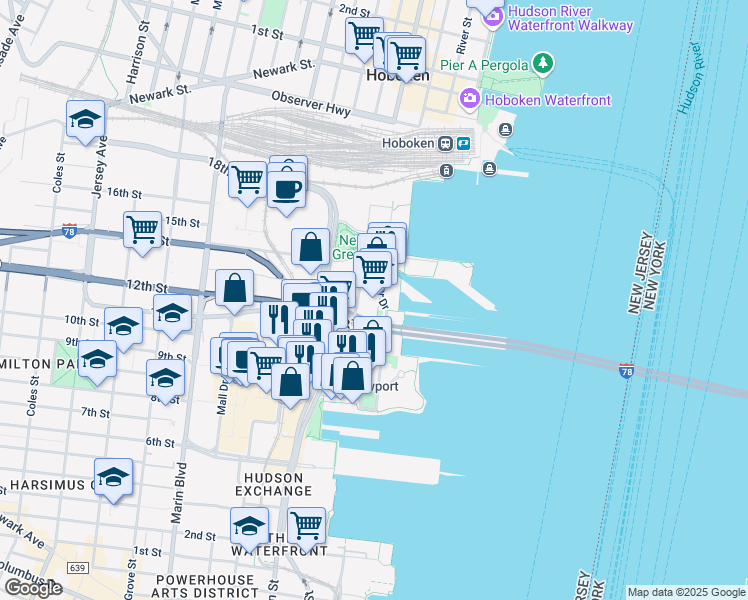 map of restaurants, bars, coffee shops, grocery stores, and more near in Jersey City