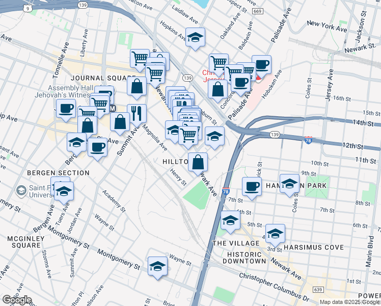 map of restaurants, bars, coffee shops, grocery stores, and more near in Jersey City