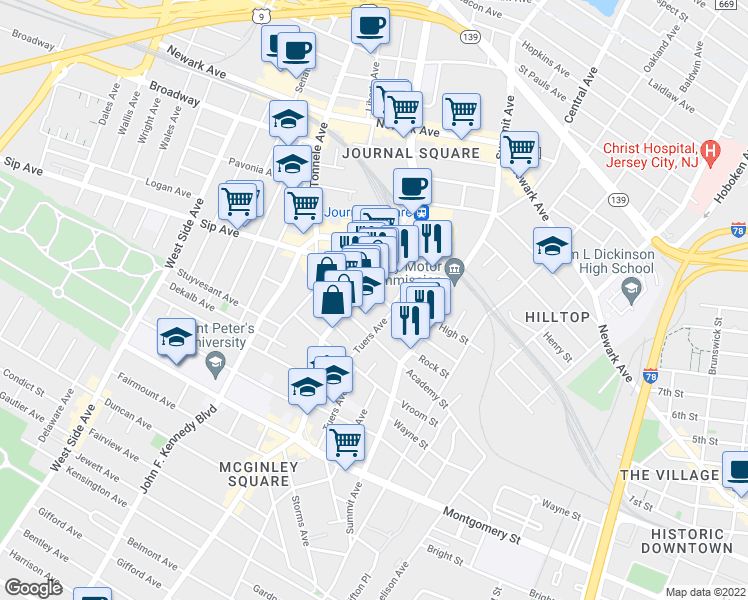 map of restaurants, bars, coffee shops, grocery stores, and more near 111-139 Tuers Avenue in Jersey City