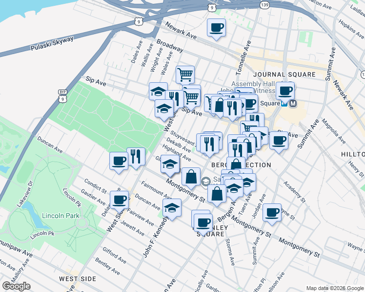 map of restaurants, bars, coffee shops, grocery stores, and more near 98 Dekalb Avenue in Jersey City
