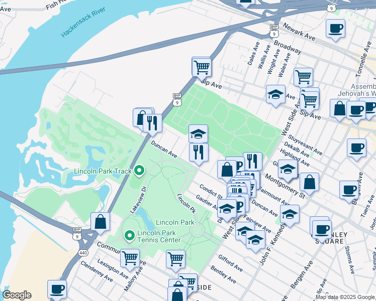 map of restaurants, bars, coffee shops, grocery stores, and more near 198 Freeman Avenue in Jersey City