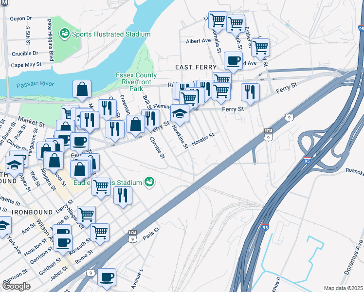 map of restaurants, bars, coffee shops, grocery stores, and more near 128 Brill Street in Newark