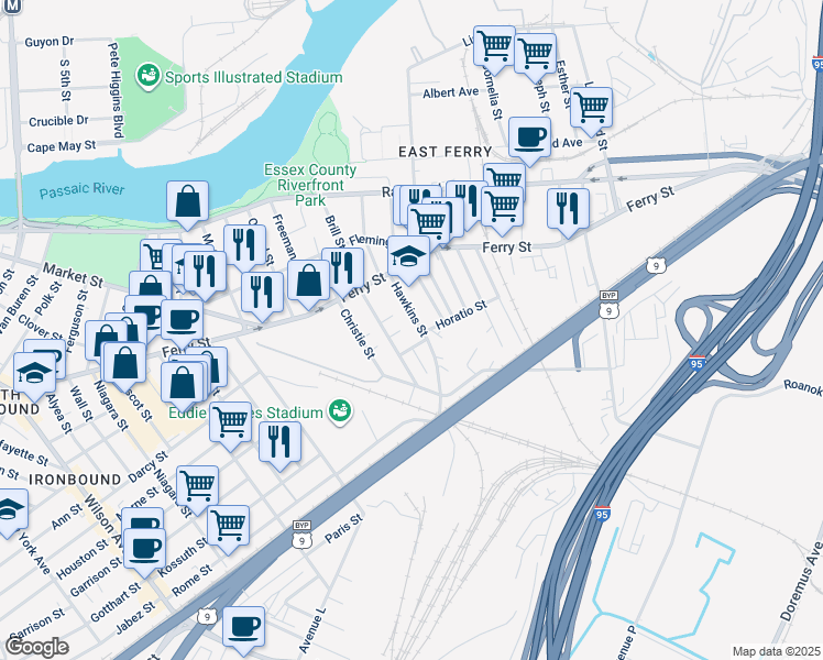 map of restaurants, bars, coffee shops, grocery stores, and more near 128 Brill Street in Newark