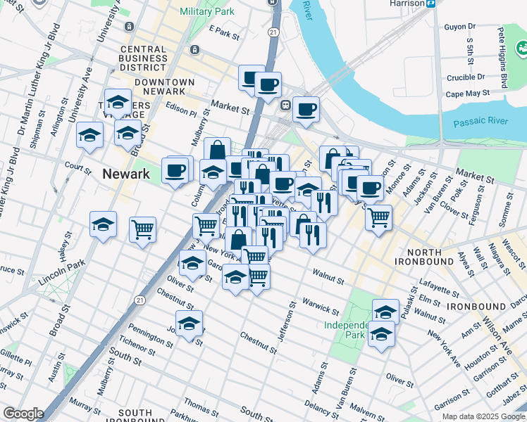 map of restaurants, bars, coffee shops, grocery stores, and more near 166 Green Street in Newark