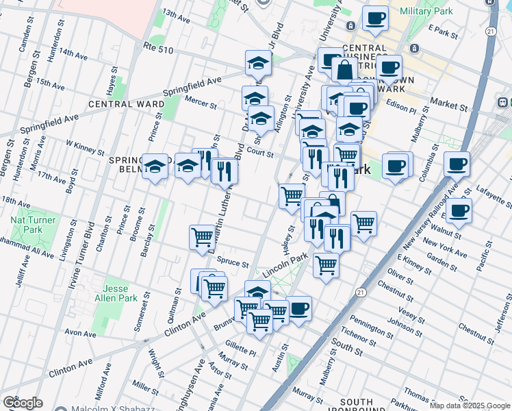 map of restaurants, bars, coffee shops, grocery stores, and more near in Newark