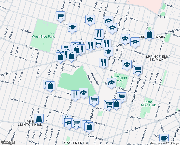 map of restaurants, bars, coffee shops, grocery stores, and more near 45 Winans Avenue in Newark