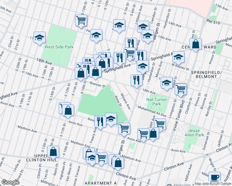 map of restaurants, bars, coffee shops, grocery stores, and more near 287 Rose Street in Newark