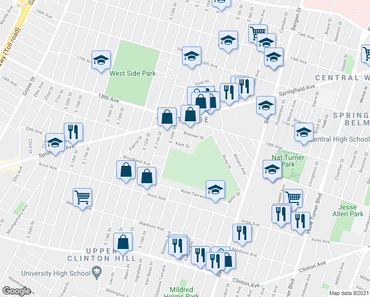 map of restaurants, bars, coffee shops, grocery stores, and more near 60 Kent Street in Newark