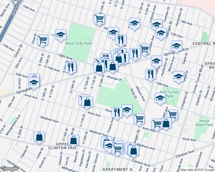 map of restaurants, bars, coffee shops, grocery stores, and more near 60 Kent Street in Newark