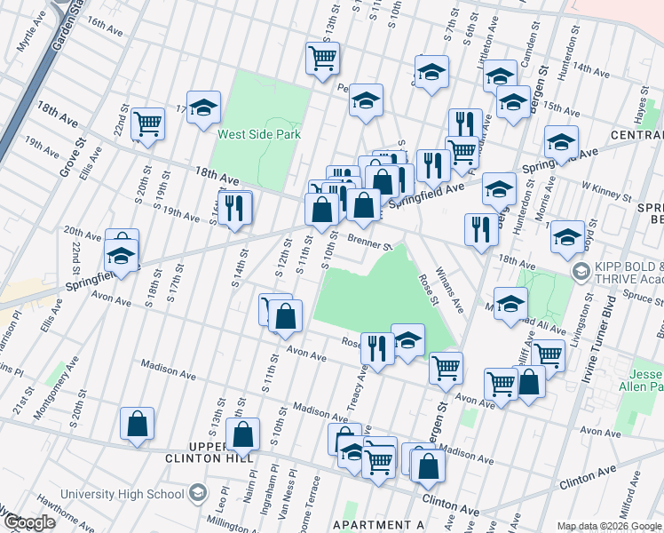 map of restaurants, bars, coffee shops, grocery stores, and more near 60 Kent Street in Newark