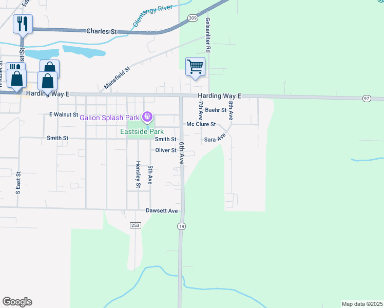 map of restaurants, bars, coffee shops, grocery stores, and more near 331 6th Avenue in Galion
