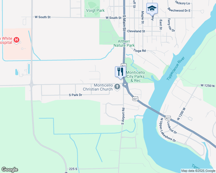 map of restaurants, bars, coffee shops, grocery stores, and more near 1000-1048 Rainbow Drive in Monticello