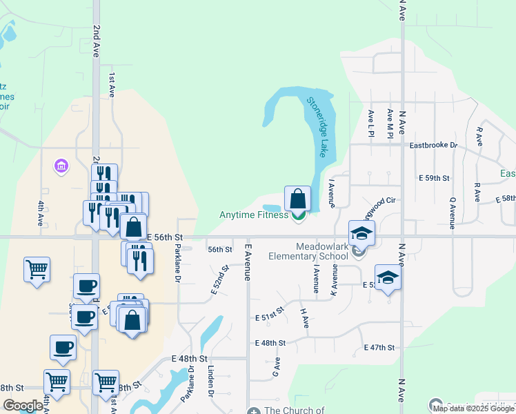 map of restaurants, bars, coffee shops, grocery stores, and more near 716 East 56th Street in Kearney