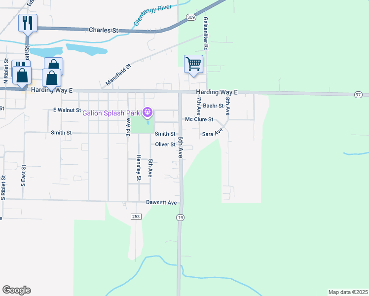 map of restaurants, bars, coffee shops, grocery stores, and more near 331 6th Avenue in Galion