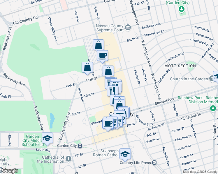 map of restaurants, bars, coffee shops, grocery stores, and more near 1000 Franklin Avenue in Garden City