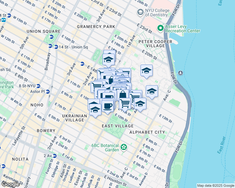 map of restaurants, bars, coffee shops, grocery stores, and more near 442 East 13th Street in New York