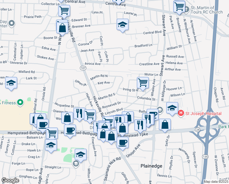 map of restaurants, bars, coffee shops, grocery stores, and more near 22 Martin Road South in Bethpage