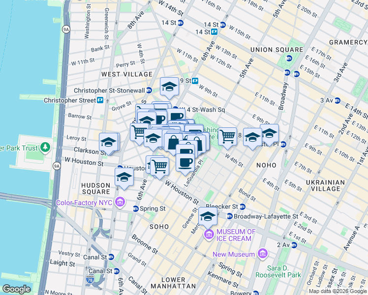 map of restaurants, bars, coffee shops, grocery stores, and more near 230 Sullivan Street in New York