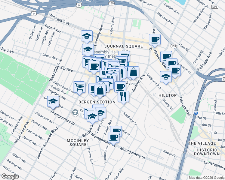 map of restaurants, bars, coffee shops, grocery stores, and more near 111-139 Tuers Avenue in Jersey City