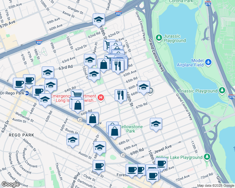map of restaurants, bars, coffee shops, grocery stores, and more near 105-20 66th Avenue in Queens