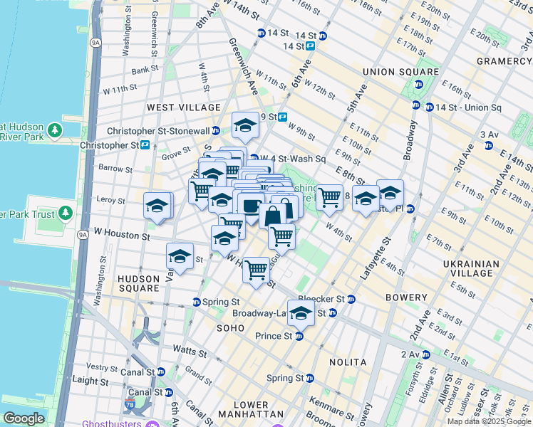 map of restaurants, bars, coffee shops, grocery stores, and more near 230 Sullivan Street in New York