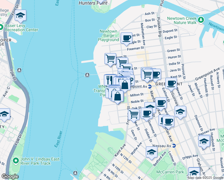 map of restaurants, bars, coffee shops, grocery stores, and more near 5658 Greenpoint Avenue in Brooklyn