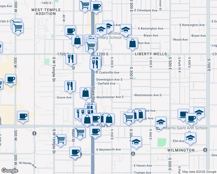 map of restaurants, bars, coffee shops, grocery stores, and more near 1869 Edison Street in Salt Lake City