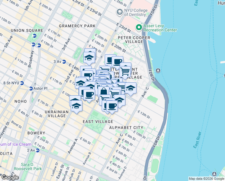 map of restaurants, bars, coffee shops, grocery stores, and more near 515 East 13th Street in New York