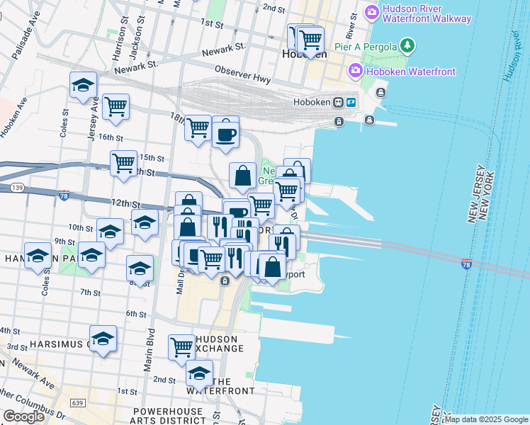 map of restaurants, bars, coffee shops, grocery stores, and more near 30 Newport Parkway in Jersey City