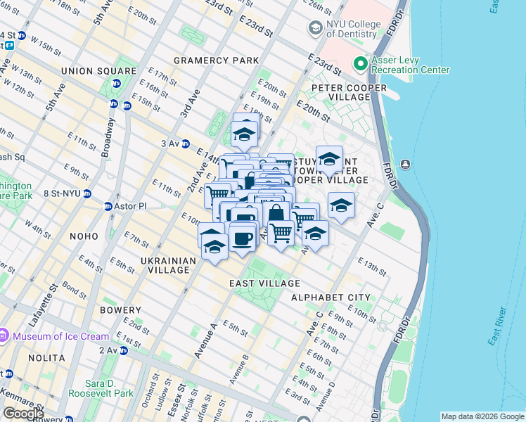map of restaurants, bars, coffee shops, grocery stores, and more near 440 East 13th Street in New York