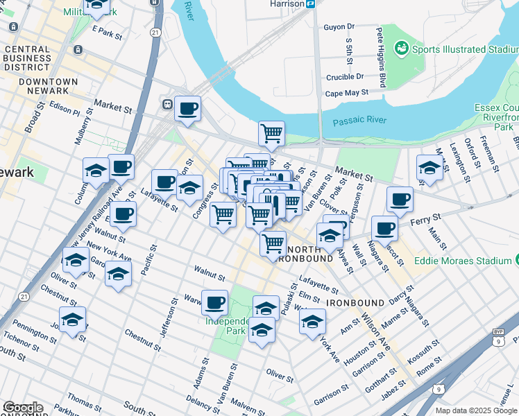 map of restaurants, bars, coffee shops, grocery stores, and more near 66-70 Adams Street in Newark