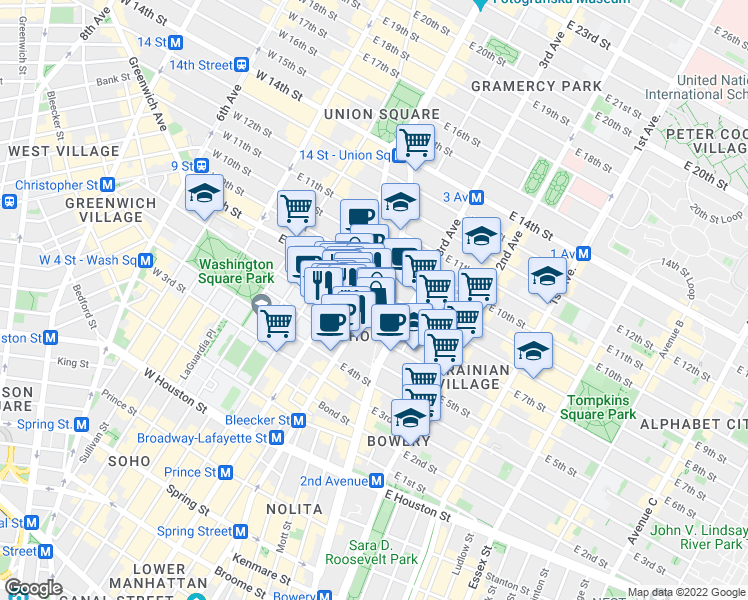 map of restaurants, bars, coffee shops, grocery stores, and more near Lafayette St & Astor Pl in New York