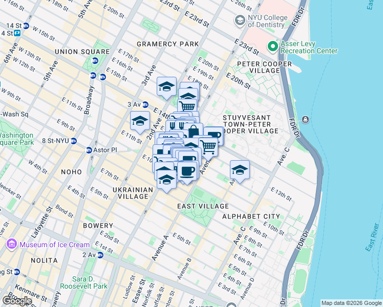 map of restaurants, bars, coffee shops, grocery stores, and more near 200 1st Avenue in New York