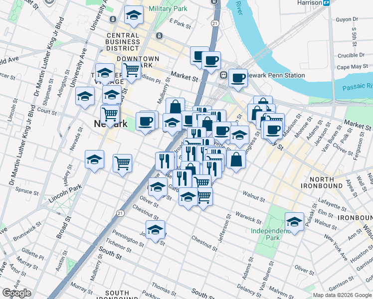 map of restaurants, bars, coffee shops, grocery stores, and more near 104 Bruen Street in Newark