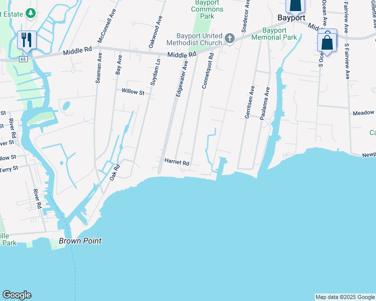 map of restaurants, bars, coffee shops, grocery stores, and more near 259 Connetquot Road in Bayport