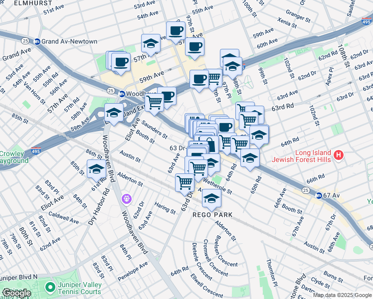 map of restaurants, bars, coffee shops, grocery stores, and more near 95-20 Queens Boulevard in Queens